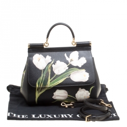 مملوكة مسبقًا Dolce and Gabbana Black Multicolor Tulip Print Leather Medium Miss Sicily Top Handle Bag