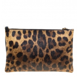 Pre Owned Dolce and Gabbana Brown Leopard Print Coated Canvas Clutch
