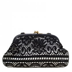 Pre Owned Dolce & Gabbana Black/White Lace and Leather Kiss Lock Frame Clutch