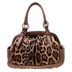 Pre Owned Dolce & Gabbana Brown Leopard Print Fabric and Leather Animalier Satchel