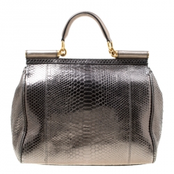 Pre Owned Dolce & Gabbana Metallic Gun Metal Python Embossed Leather Large Miss Sicily Top Handle Bag