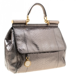 Pre Owned Dolce & Gabbana Metallic Gun Metal Python Embossed Leather Large Miss Sicily Top Handle Bag