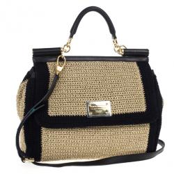 Pre Owned Dolce and Gabbana Beige Woven Raffia Miss Sicily Top Handle