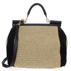 Pre Owned Dolce and Gabbana Beige Woven Raffia Miss Sicily Top Handle