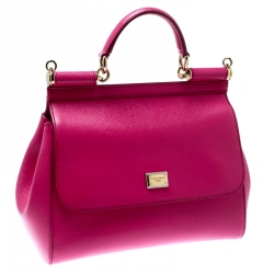 Pre Owned Dolce and Gabbana Hot Pink Leather Medium Miss Sicily Top Handle Bag