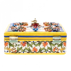 مملوكة مسبقًا Dolce and Gabbana Multicolor Majolica Print Crystal Embellished Leather Box Pad lock Top Handle Bag