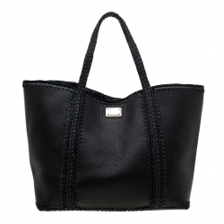 Pre Owned Dolce & Gabbana Black Leather and Raffia Miss Escape Tote