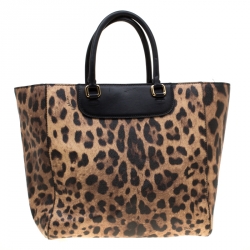 Dolce and Gabbana Black/Brown Leopard Print Leather Lucia Shopper Tote