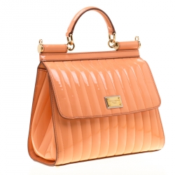 Pre Owned Dolce and Gabbana Peach Patent Leather Medium Miss Sicily Satchel