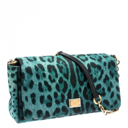 Pre Owned حقيبة كتف دولتشي أند غابانا قلاب جلد وكانفاس طباعة فهد سوداء/ خضراء