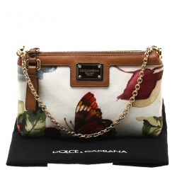 Pre Owned Dolce and Gabbana White Floral Print Canvas Chain Clutch