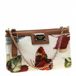 Pre Owned Dolce and Gabbana White Floral Print Canvas Chain Clutch