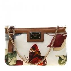 Pre Owned Dolce and Gabbana White Floral Print Canvas Chain Clutch