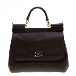 Pre Owned Dolce and Gabbana Dark Brown Leather Medium Miss Sicily Tote