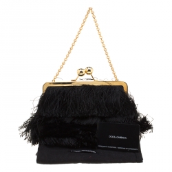Pre Owned Dolce and Gabbana Black Fabric and Satin Fringed Chain Clutch