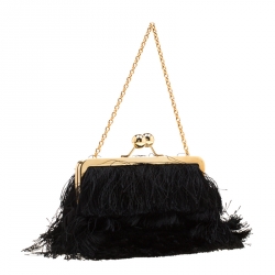 Pre Owned Dolce and Gabbana Black Fabric and Satin Fringed Chain Clutch
