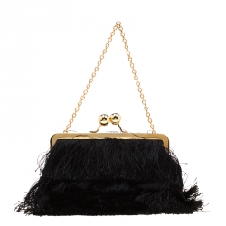 Pre Owned Dolce and Gabbana Black Fabric and Satin Fringed Chain Clutch