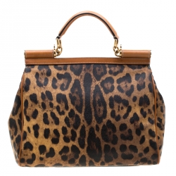 مملوكة مسبقًا حقيبة دولتشي أند غابانا يد علوية ميس سيسيلي كبيرة كانفاس مقوى طباعة فهد بنية فاتحة