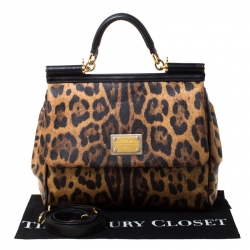 Pre Owned Dolce and Gabbana Leopard Print Coated Canvas and Leather Large Miss Sicily Top Handle Bag 