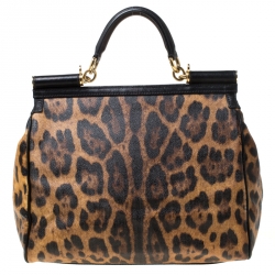 Pre Owned Dolce and Gabbana Leopard Print Coated Canvas and Leather Large Miss Sicily Top Handle Bag 