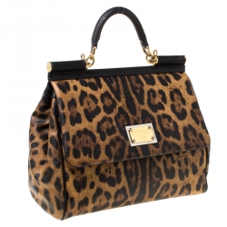 Pre Owned Dolce and Gabbana Leopard Print Coated Canvas and Leather Large Miss Sicily Top Handle Bag 