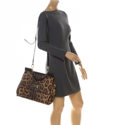 Pre Owned Dolce and Gabbana Leopard Print Coated Canvas and Leather Large Miss Sicily Top Handle Bag 