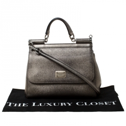 Pre Owned Dolce and Gabbana Olive Green Metallic Leather Medium Miss Sicily Top Handle Bag