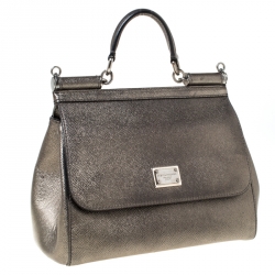 Pre Owned Dolce and Gabbana Olive Green Metallic Leather Medium Miss Sicily Top Handle Bag