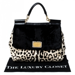 Pre Owned Dolce and Gabbana Black/White Leopard Print and Calf Hair Miss Sicily Top Handle Bag