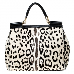 Pre Owned Dolce and Gabbana Black/White Leopard Print and Calf Hair Miss Sicily Top Handle Bag