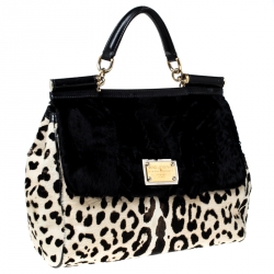 Pre Owned Dolce and Gabbana Black/White Leopard Print and Calf Hair Miss Sicily Top Handle Bag