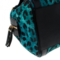 Pre Owned Dolce and Gabbana Green Cheetah Print Canvas and Leather Easy Way Satchel