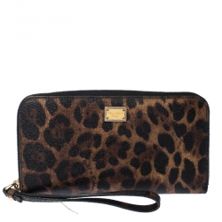 Pre Owned Dolce & Gabbana Brown/Black Leopard Print Leather Zip Around Wallet 