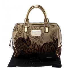 Pre Owned Dolce and Gabbana Brown/Gold Printed Velvet and Patent Leather Satchel