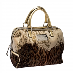 Pre Owned Dolce and Gabbana Brown/Gold Printed Velvet and Patent Leather Satchel
