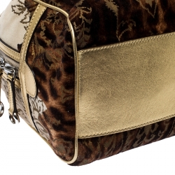 Pre Owned Dolce and Gabbana Brown/Gold Printed Velvet and Patent Leather Satchel