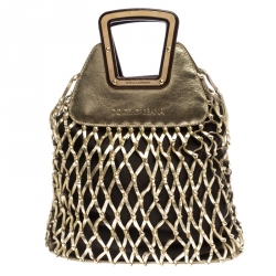 Pre Owned Dolce and Gabbana Gold Cage Leather and Canvas Cut Out Top Handle Bag