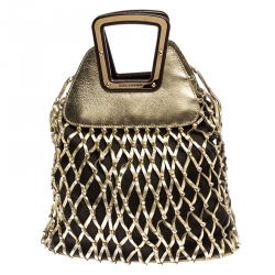 Pre Owned Dolce and Gabbana Gold Cage Leather and Canvas Cut Out Top Handle Bag