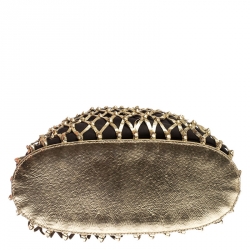 Pre Owned Dolce and Gabbana Gold Cage Leather and Canvas Cut Out Top Handle Bag