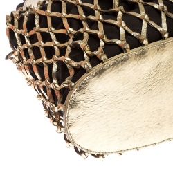 Pre Owned Dolce and Gabbana Gold Cage Leather and Canvas Cut Out Top Handle Bag