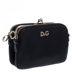 Pre Owned Dolce & Gabbana Black Leather Small Lily Twist Kiss Lock Clutch