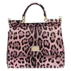 Dolce and Gabbana Pink Leopard Print Leather Medium Miss Sicily Top Handle Bag