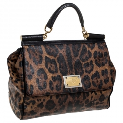 Dolce and Gabbana Leopard Print Coated Canvas and Leather Large Miss Sicily Top Handle Bag