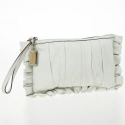 Pre Owned Dolce and Gabbana White Pleated Leather Ruffle Zip Clutch