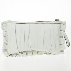 Pre Owned Dolce and Gabbana White Pleated Leather Ruffle Zip Clutch