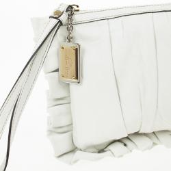 Pre Owned Dolce and Gabbana White Pleated Leather Ruffle Zip Clutch