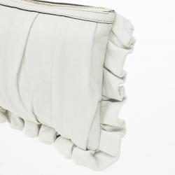 Pre Owned Dolce and Gabbana White Pleated Leather Ruffle Zip Clutch