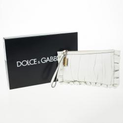 Pre Owned Dolce and Gabbana White Pleated Leather Ruffle Zip Clutch