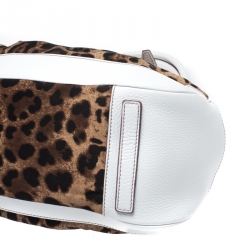 Pre Owned Dolce and Gabbana White/Brown Leopard Print Canvas and Leather Frame Satchel