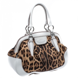 Pre Owned Dolce and Gabbana White/Brown Leopard Print Canvas and Leather Frame Satchel